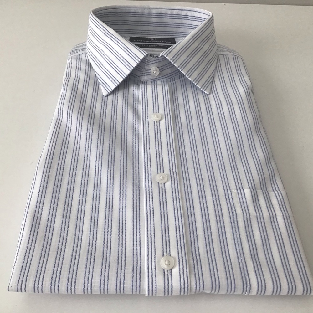 Hart Schaffner Marx Shirt 16.5/34, NWT $99.50 White Blue Stripes